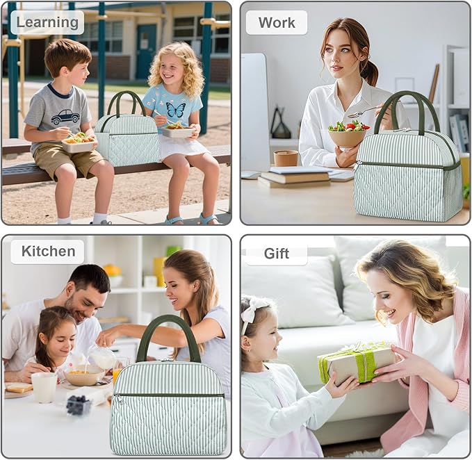 KUBYA Lunch Bag Lunch Box for Women Adult Men Insulated Quilted Reusable Large Lunch Tote Bag Leakproof Simple Cooler Bag for Work Office Picnic Beach or Travel