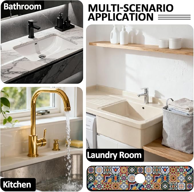 2 Pcs Kitchen Sink Splash Guard Faucet Mats Colored Bohemian Tiles Pattern Faucet Mat for Sinks Absorbing Drying Mat for Kitchen Bathroom, 23.6x5.5inch