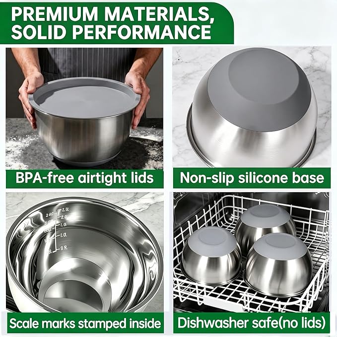 Deedro Premium Mixing Bowls with Airtight Lids Set, 22Pcs Thicker Stainless Steel Mixing Bowl Set, Large Prep Metal Bowls, Non-Slip Silicone Base Nesting Bowls for Kitchen, 1.5/2/3/4/5 QT, Gray