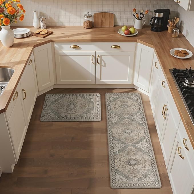 GENIMO Kitchen Mats for Floor, 2PCS Kitchen Rugs Non Slip Washable, Waterproof Anti Fatigue Mat, Comfort Standing Runner Rug for Sink, Office, Laundry, Home, 17.3"x59"+17.3"x30", Blush Camel