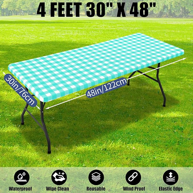Smiry Picnic Table Cloth 2 Pack, Waterproof Elastic Fitted Tablecloths for 4FT Rectangle Tables, Washable Polyester Buffalo Plaid Tablecloth for Camping, Dining & Outdoor (Teal & White, 30" x 48")