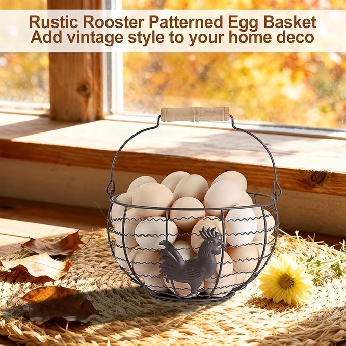 Farmhouse Egg 8'' Basket for Gathering Fresh Eggs, Rustic Metal Wire Chicken Eggs Holder Basket for Countertop Kitchen, Wire Egg Basket Vintage Style, Round, Rooster Pattern, Solid Bottom