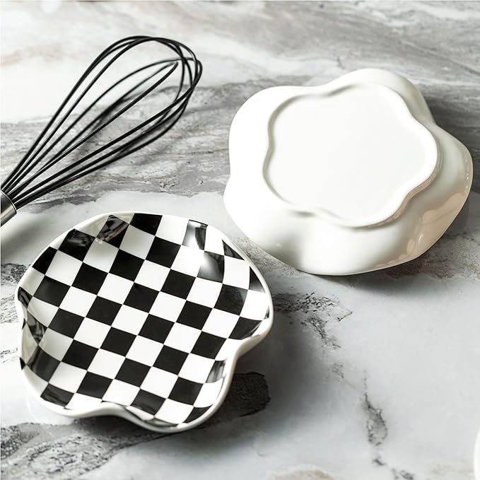 Spoon Rest for Stove Top, 5.3in Checkered Spoon Holder Utensil Rest, Ceramic Spoon Rests for Coffee Bar, Kitchen Gadget Cooking Gift for Housewarming - Heat Resistant & Dishwasher Safe
