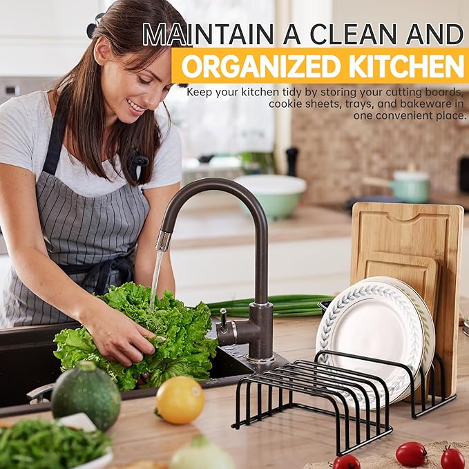 Kitchen Cutting Board Organizer Rack, 5-Slot Storage Holder for Boards, Bakeware, Cookie Sheets (2pc Black)