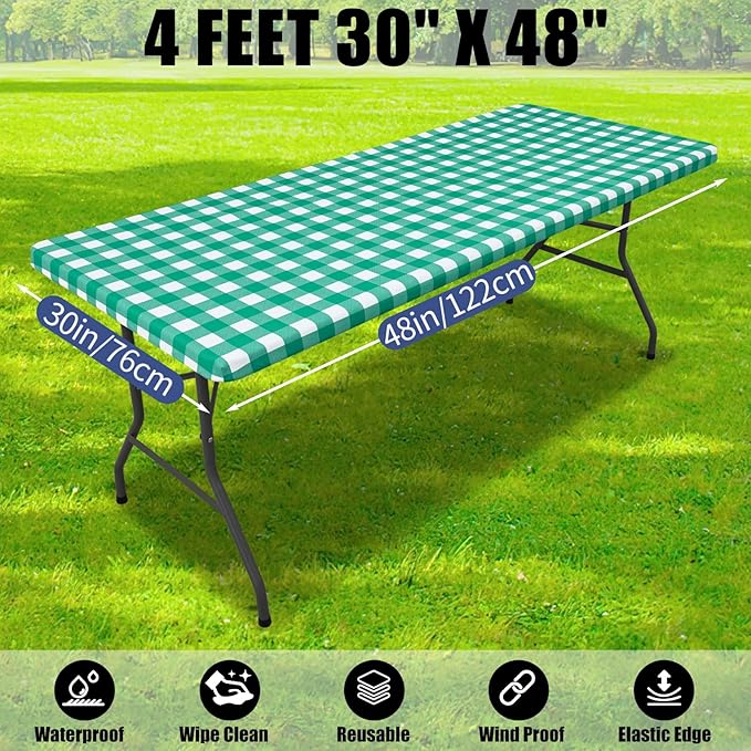 Smiry Picnic Table Cloth 2 Pack, Waterproof Elastic Fitted Tablecloths for 4FT Rectangle Tables, Washable Polyester Buffalo Plaid Tablecloth for Camping, Dining & Outdoor (Green & White, 30" x 48")