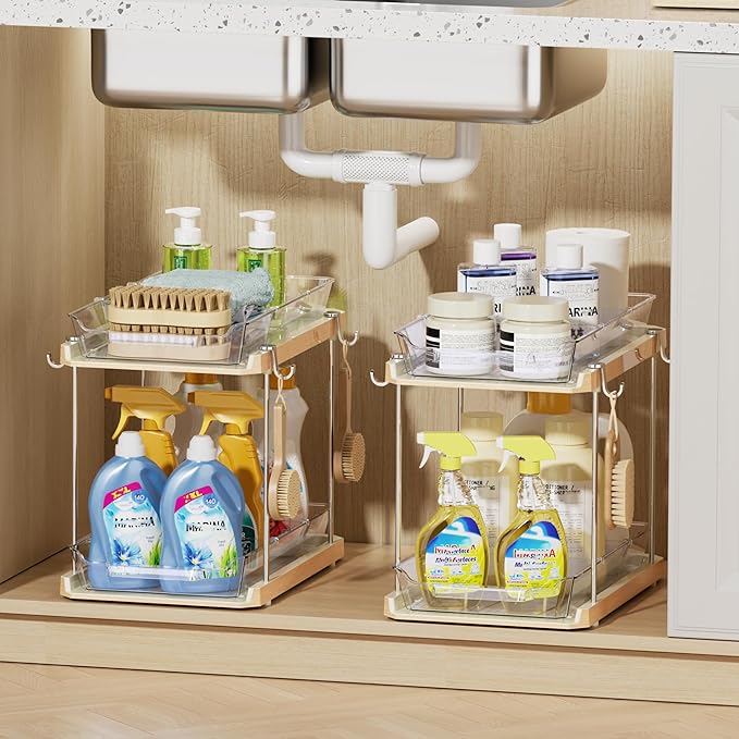 DELAMU Under the Sink Organizer, 2-Tier Pull-Out Cabinet Drawers with Adjustable Shelf & Hooks, Under Sink Cabinet Organizer for Bathroom, Kitchen, Vanity & Every Household(Wood Grain, 4 Pack)