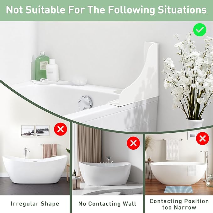 No-Adhesive 2-Pack All-Silicone Shower Splash Guard with Strong Suction Cups, Reusable Bath Tub Corner Water Blocker for Secure Seal&Easy Removal๏ผKeep Water in Shower or Bath, One-Piece Design, White