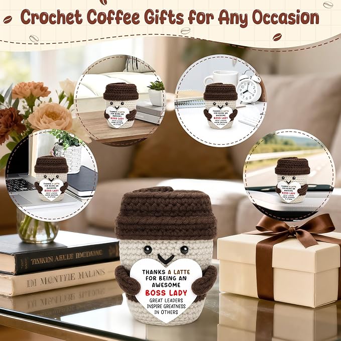 Boss Gifts for Women Boss Lady Leader Manager Supervisor Birthday Handmade Crochet Coffee Mug Cup Gifts Coffee Lover Thank You Best Great Leader Female Desk Office Decor Bosses Day Christmas