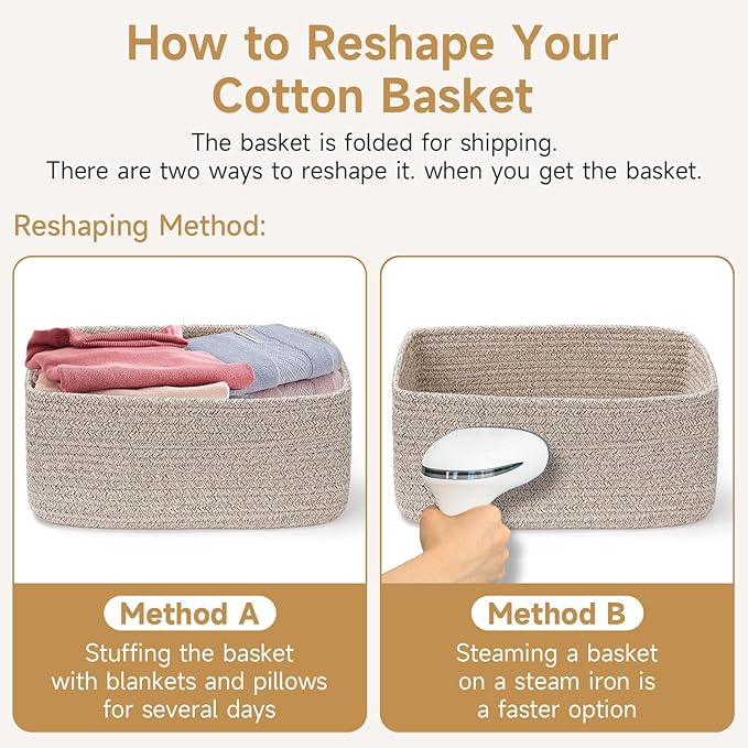 3-Pack Storage Baskets for Organizing | Woven Shelf Toy Basket | Rope Baskets for Gifts Empty | Closet Organizer Bins with Handles | Cube Decorative Box | 13.7×7.1×6.7” | Navy Blue