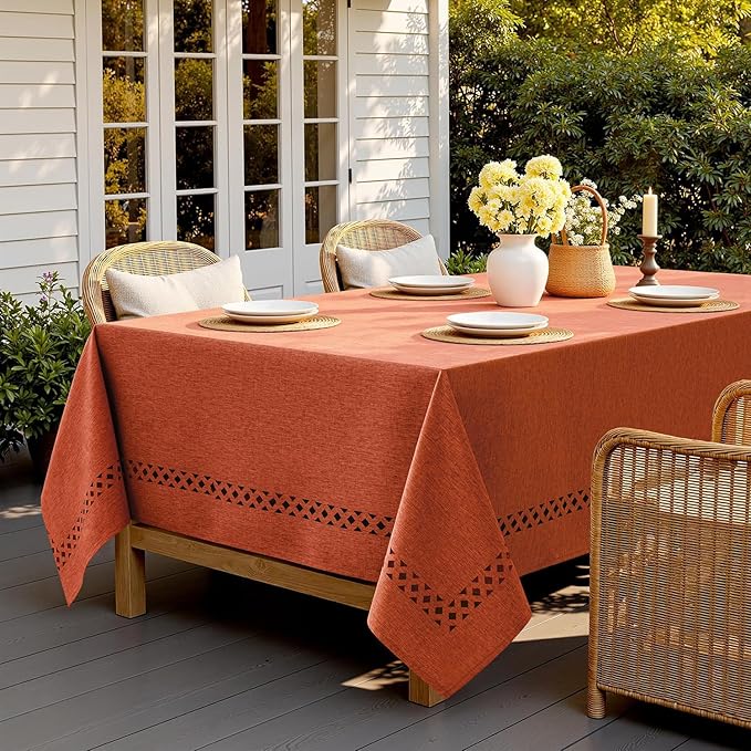 MIULEE Burnt Orange Rectangle Linen Polyester Fall Thanksgiving Tablecloth with Decorative Cutouts Waterproof Stain Resistant Table Cloth 60x104 inch Farmhouse Style for Dining Wedding Party