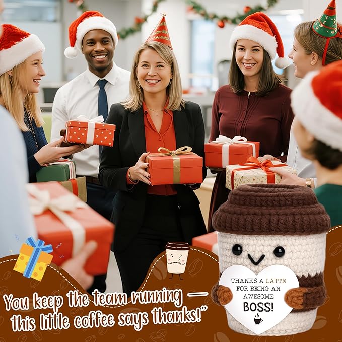 Mini Boss Gifts for Women Men Office Appreciation Gifts for Boss Lady Manager Leader Mentor Supervisor Handmade Crochet Coffee Cup for Retirement Promotion Farewell leaving Going Away Birthday Gift