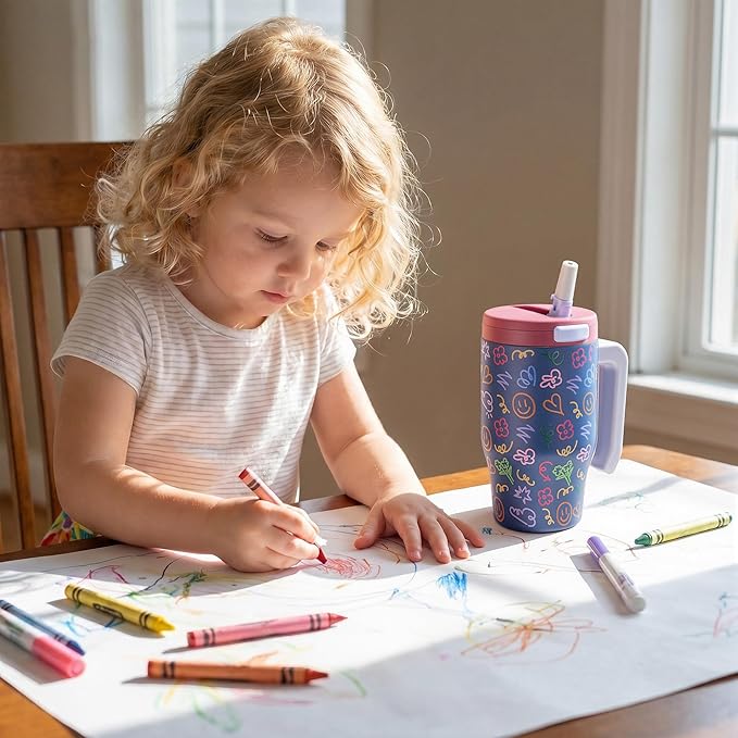 Fijinhom 18 oz Toddler Tumbler with Handle, Stainless Steel Insulated Water Bottle Coffee Mug with Straw, Toddler Cups, Kids Water Bottle for School, Sports, Travel, Doodle Joy