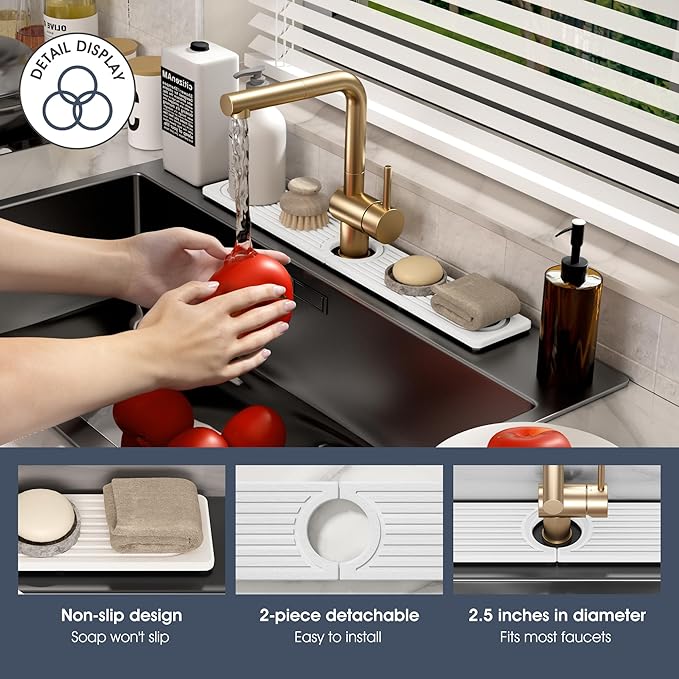 Quick Drying Stone Faucet Mat for Kitchen Sink - Diatomite Sink Mat Absorbing Stone Tray for Bathroom Counter, Sink Faucet Splash Guard Water Protector Matt for Kitchen Counter(White, 23.6" x 3.9")