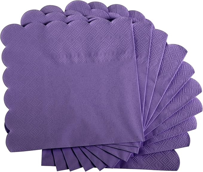 100 Pcs Cocktail Napkins, 2-Ply 5 x 5 Inches Disposable Scalloped Napkins, Thick Premium Dessert Napkins for Party, Wedding, Dinner, Birthday, Anniversary, Festival (Purple)