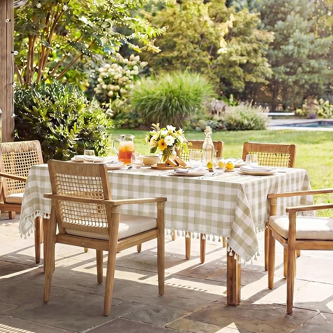 Softalker Checkered Tablecloth Rectangle, Outdoor Linen Cotton Gingham Table Cloth with Tassel, Heavy Duty Wrinkle Free Buffalo Plaid Table Cover for Kitchen Dining Summer Party - 55 x 102 Inch, Beige