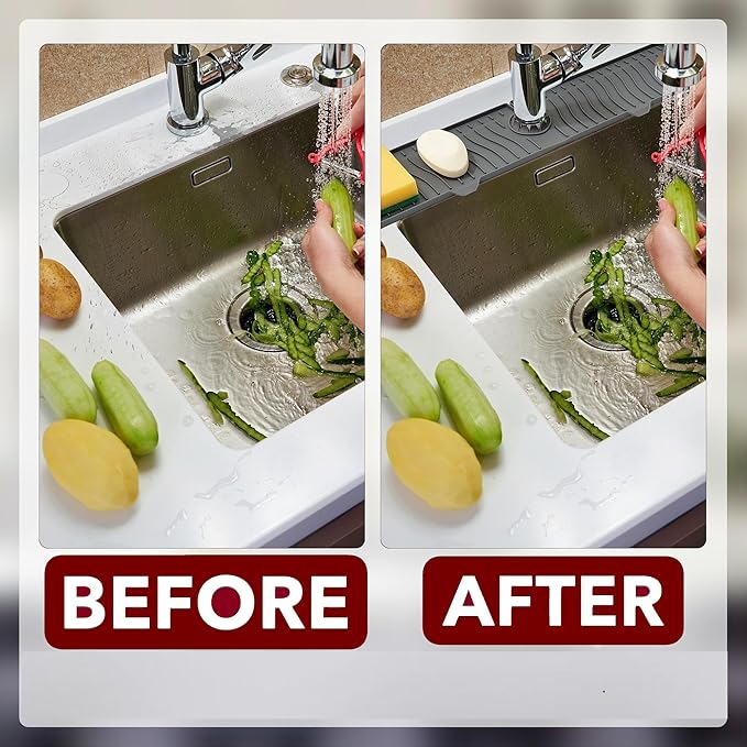 ODRAGO Silicone Kitchen Sink Splash Guard - 24.01 Inch Faucet Mat for Kitchen Sink Water - Longer Faucet Handle Drip Catcher Tray-Sink Guard for Kitchen Sink (Grey)