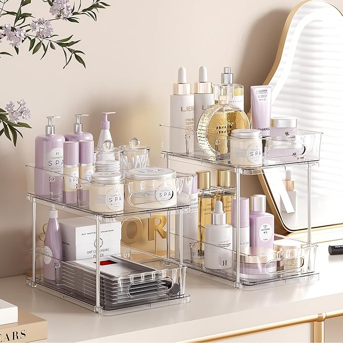 Delamu Under the Sink Organizer, 2-Tier Snap-Lock Cabinet Drawers with Removable Adjustable Shelf, Under Sink Cabinet Organizer for Bathroom, Kitchen, Vanity & Every Household(Clear, 4 Pack)