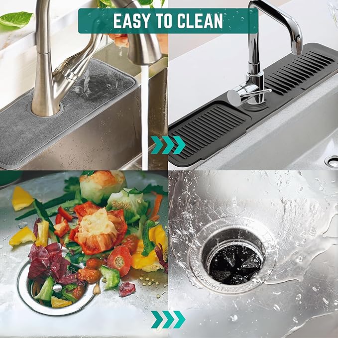 Faucet Mat for Kitchen Sink - Kitchen Sink Splash Guard with FREE Rubber Drain Insert - 18 Inch Faucet Guard Draining Mat, Faucet Mat Dish Soap Holder