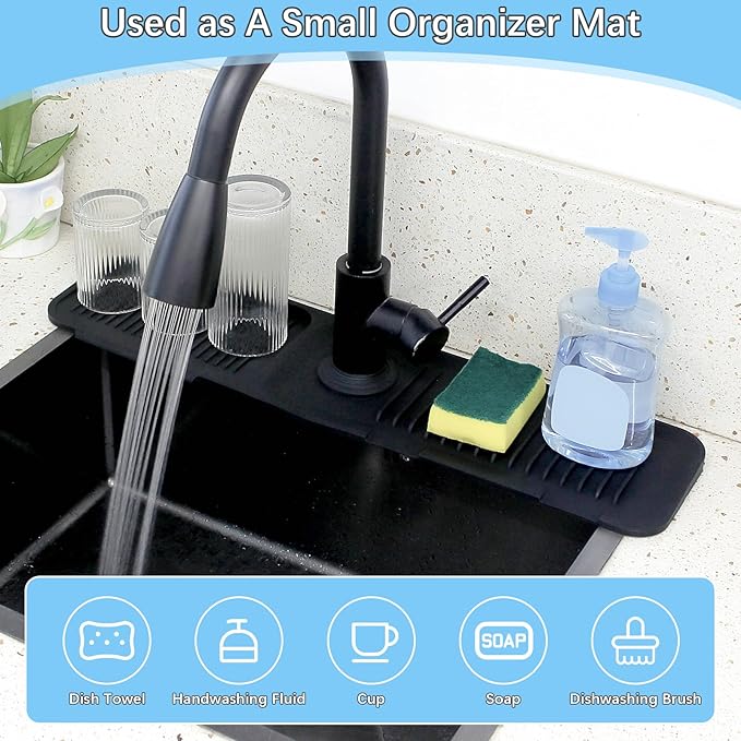Silicone Sink Splash Guard Mat with Slanted Design,24*5.5 Inch Large Non-Slip Base,Multi-Surface Protector for Kitchen,Bathroom,Laundry,RV,Easy Clean Water Deflector Accessory(black)