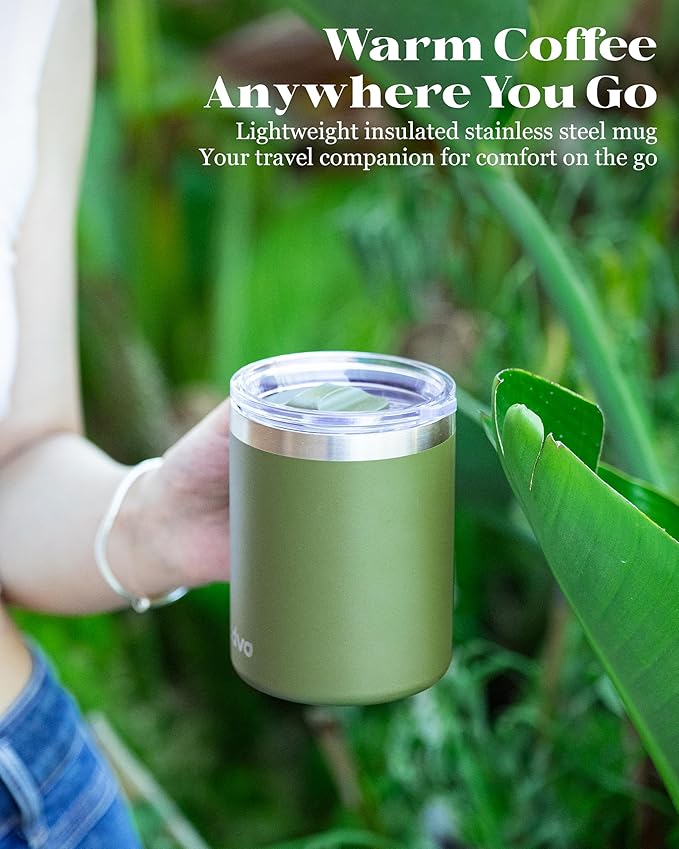 12oz Insulated Coffee Mug with Lid – Includes Two Lids, Stainless Steel Coffee Travel Mug with Handle, Double Wall Vacuum Insulated Camping Mug for Home, Office & Outdoor, Army Green