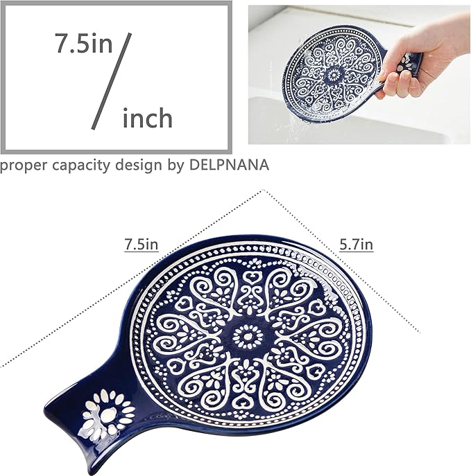 Ceramic Spoon Rest, Cooking Spoon Holder for Kitchen Counter/Stove Top/Dining Table Modern Farmhouse Decorative, Large (Blue)