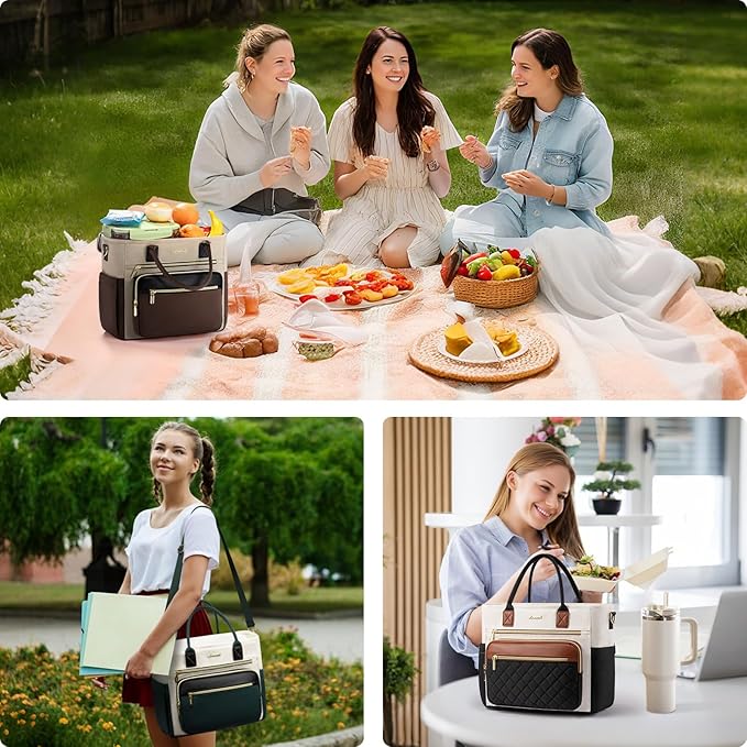 LOVEVOOK Insulated Lunch Bag Women,Wide Opening Adult Lunch Box Women with Cup Holder,Large Leakproof Cooler Bag for Work Picnic Beach Family College Mom,Lunch Teacher Breast Pump Diaper Tote Bag
