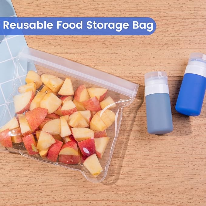 MICEBAY Condiment Squeeze Bottles for Sauces, 2-oz Mini Silicone Salad Dressing Container to Go with Snack Storage Bag, Leakproof Sauce Bottles for Lunch Box, 4 Pack, Blue