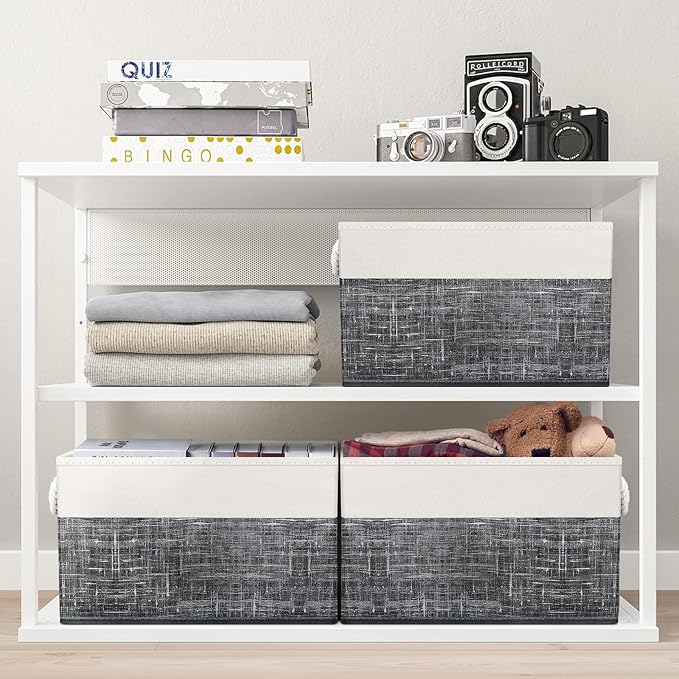 Fab totes Storage Bins 6-Pack, Foldable Storage Baskets for Organizing Toys, Books, Shelves, Closet, Large Storage Box with Rope Handles, Sturdy Organizer Bins, White & Black