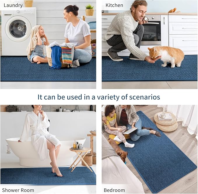 Kitchen Mats for Floor, Super Absorbent Kitchen Rugs Non Slip Washable, Soft Imitation Linen Braided Kitchen Runner Rug, Standing Mat Kitchens Sink Mat, Easy to Clean, Blue 17x30