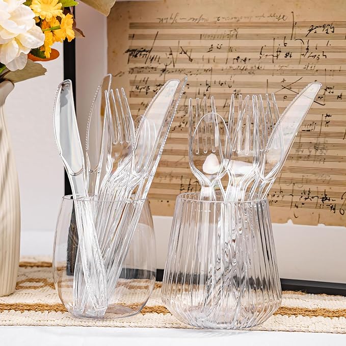 120 Count Heavy Duty Clear Plastic Silverware, 40 Forks, 40 Spoons, 40 Knives, BPA-Free and Heat Resistant, Disposable Cutlery set, Premium Clear Utencils for Party and Daily Use