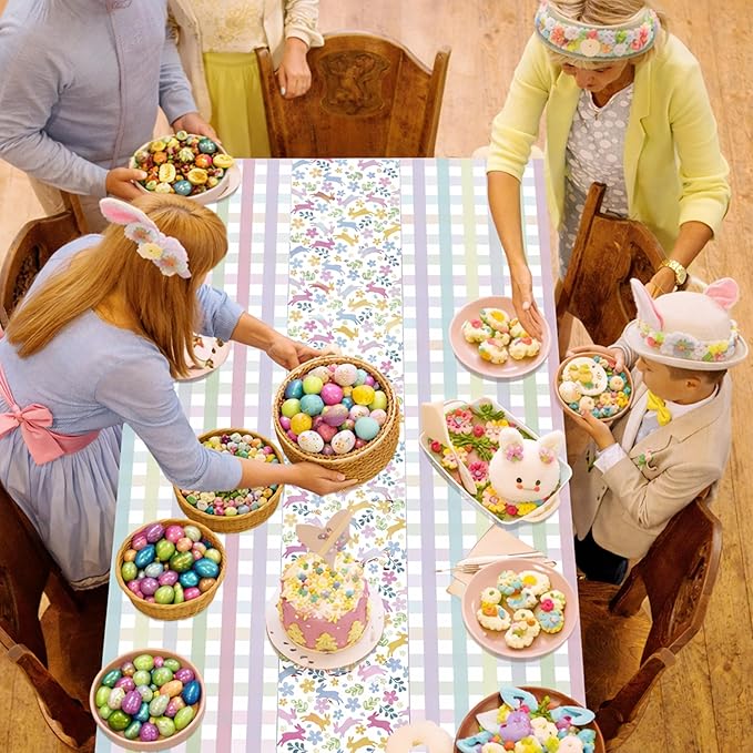 OHOME Easter Decorations - Rabbit Eggs Disposable Plastic Tablecloth Rectangular | Easter Party Decorations Supplies Favors Indoor Outdoor - Spring Holiday Backdrop Banner Table Cover for Home Kitchen