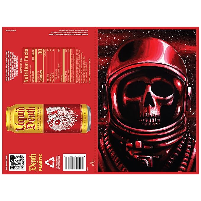 Liquid Death Iced Tea - Rest In Peach (Peach-Flavored Black Tea), Less Sugar*, Boost of Caffeine, B Vitamins, No Artificial Sweeteners, King Size 19.2 Fl Oz (Pack of 12)