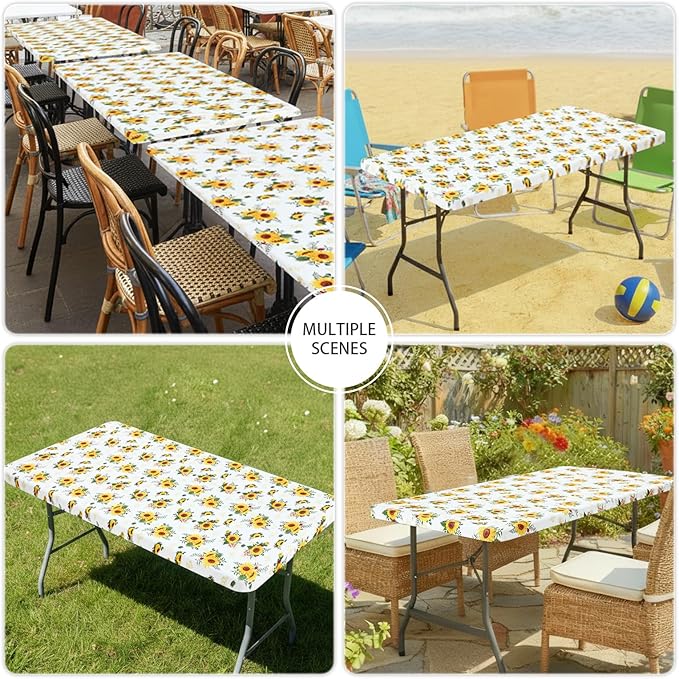 Smiry Spandex Fitted Tablecloth for 8 Foot Rectangle Tables, Washable Picnic Table Cover with Elastic, Stretch Reusable Table Cloth for Outdoor, Camping, Dining & Kitchen (Sunflower, 30"x96")