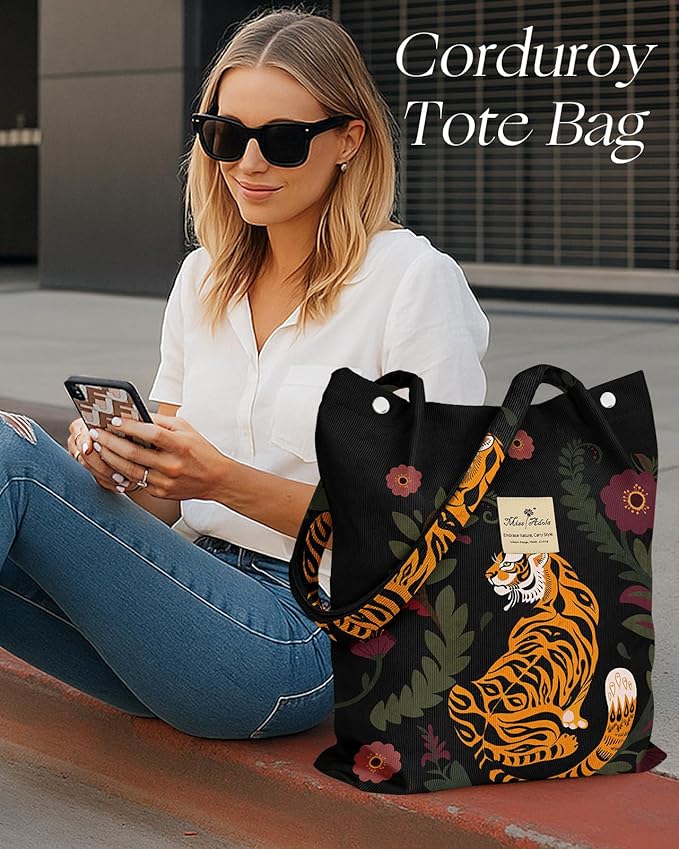 Miss Adola Corduroy Tote Bag for Women - Reusable Totes with Magnetic Buckle & Pocket Aesthetic Design Work Grocery Bags