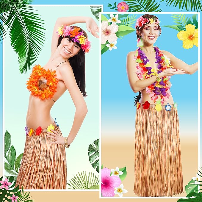 Hawaiian Themed Party Decorations, 2PCS Yellow Luau Party Table Skirt Decorations, 108 X 29.5" Table Skirt Flower Tropical Hula Dance Parties Supplies, Grass Table Skirt for Summer Beach Themed Party