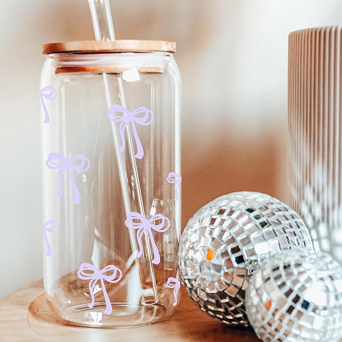 Coquette Cute Lavender Light Purple Bow Glass Cups with Lids and Straws, Aesthetic Iced Coffee Cup Preppy Room Decor, Christmas Valentines Birthday Gifts for Women, Teen Girl Gifts Trendy Stuff