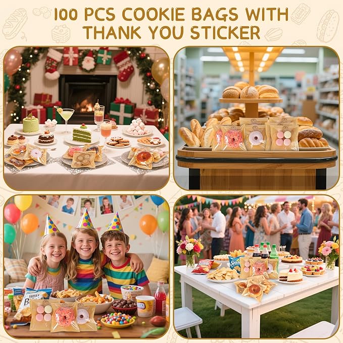SUREHOME Cookie Bags Small Brown Paper Bags with Window 100 Pcs Thank You Stickers 5.7 x 6.5 Inch Individual Heat Sealable Kraft Bakery Bags for Gift Giving, Treats, Snacks, Baked Goods Packaging
