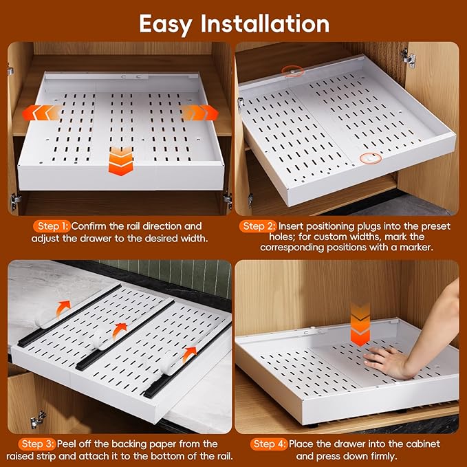 OneDream 1 Pack Pull Out Cabinet Organizer, 21" Deep Slide Out Drawers for Kitchen Cabinets, No Drill Adhesive Pull Out Drawers for Cabinets, Roll Out Shelves Adjustable Width 12.05"-20.4"