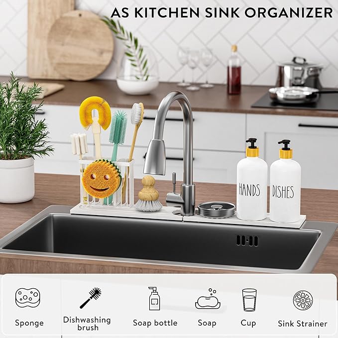 Cisily White Diatomite Faucet Mat for Kitchen Sink Protectors with Dish Brush Holder-Absorbent Drying Counter Stone Water Splash Guard Area, Behind Kitchen Sink Caddy Organizers Accessories Organizer