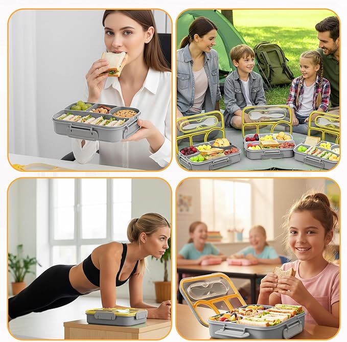Bento Box for Adults,4 Compartments Lunch Box, Snack Containers Reusable Lunch Containers Drop-Proof, Dishwasher Safe & Made with BPA-Free Materials, Grey