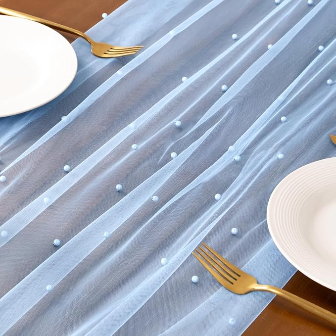 Socomi Pearl Table Runner Tulle Summer Cheesecloth 10FT Gauze Cheese Cloth Sheer Chiffon Wedding Birthday Party Baby Shower Bridal Anniversary Holiday Centerpiece Table Decor 3pcs Blue