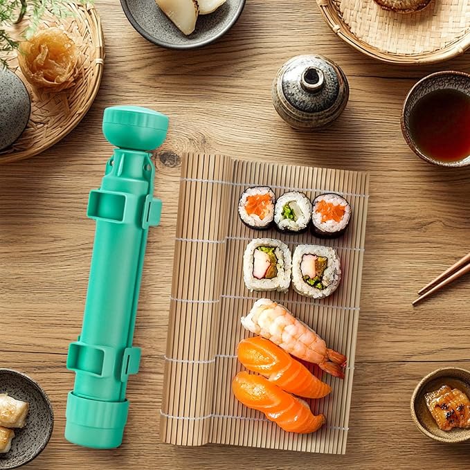 Sushi Making Kit, Upgraded 11.8 Inches Sushi Roller, Sushi Rolling Mat Sushi Maker Sushi Kit, Sushi Bazooka Easy Made Sushi Cyan