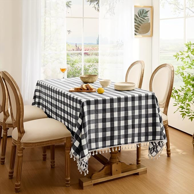 Softalker Checkered Tablecloth Rectangle, Outdoor Linen Cotton Gingham Table Cloth with Tassel, Heavy Duty Wrinkle Free Buffalo Plaid Table Cover for Kitchen Dining Summer Party - 55 x 102 Inch, Black