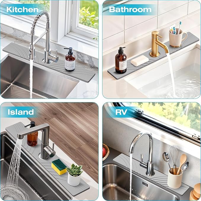 Stone Faucet Mat for Kitchen Sink - Fast Drying Diatomite Stone Drying Mat, Textured Drainage Sink Protector, Water Splash Guard with Base Pads for Bathroom Counter (23.7x4 in, Light Gray)