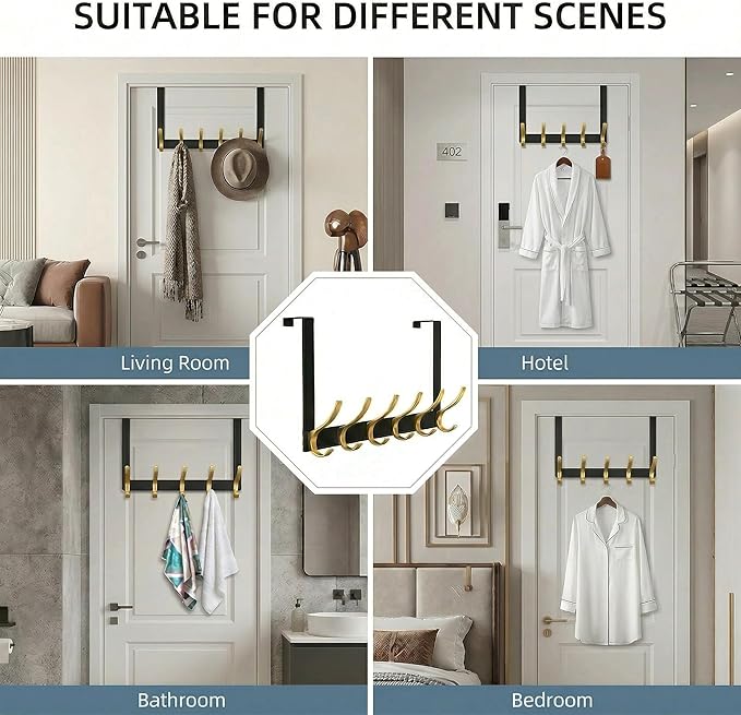 11" Over The Door Hooks for Hanging, Heavy Duty Door Towel Rack with Custom Gold Hooks, Anti-Scratch 4 Pads, 12 Dual-Layer Hooks for Bathroom Bedroom Kitchen (Black Gold)