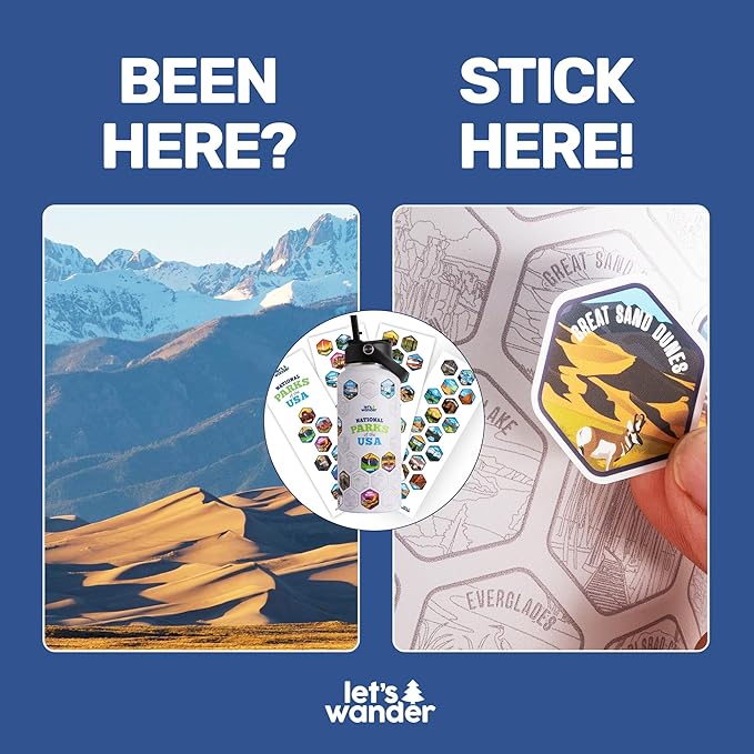 LET'S WANDER National Parks Water Bottle 2.0 Ultimate Bundle | Includes Straw Lid, Chug Lid & 2 Sets of 63 Waterproof Stickers | 32oz Leakproof Insulated Stainless Steel Gift Pack (White)