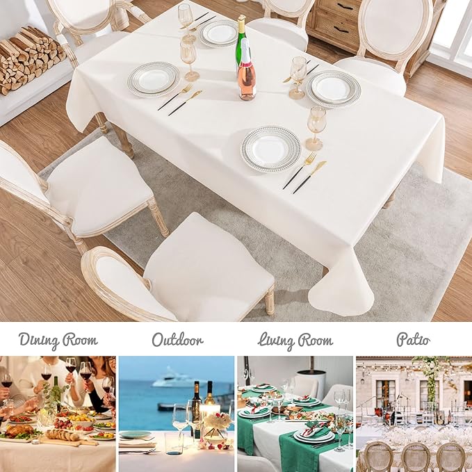 Veblandy Rectangle Tablecloth 60x120 inch Linen Textured Waterproof Table Cloth Stain and Wrinkle Resistant Washable, Decorative Fabric Table Cover for Outdoor and Indoor Use, Ivory