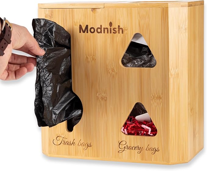 Bamboo Trash Bag Holder 2-in-1 | Trash Bag Dispenser Grocery Bag Organizer | 100% Natural Bamboo Wall Mount Countertop Holder | Trash Bag Organizer Space-Saving Eco-Friendly Storage Solution