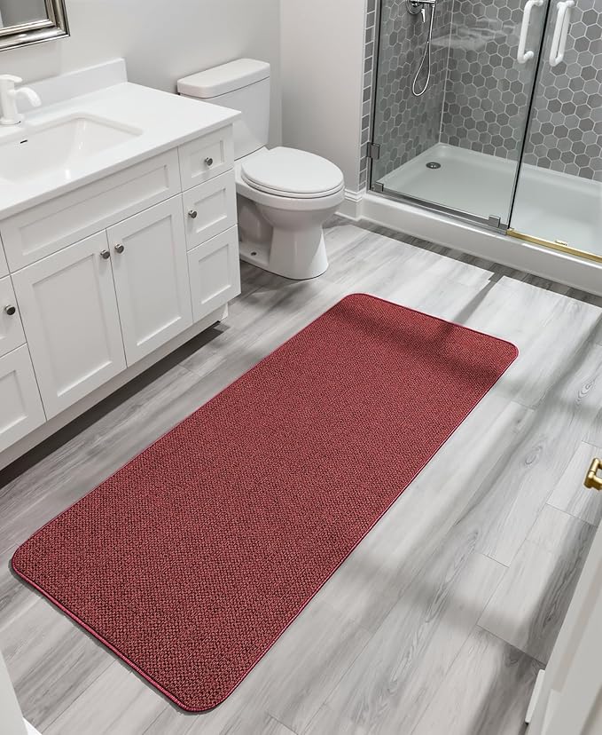 Bath Mat,Ultra Thin Bathroom Runner Rugs,Large Bath Mats for Bathroom,Quick Dry,Non-Slip,Machine Washable,Low Pile,Bath Rug,Shower Outside,Sink,Home Decor Accessories.Red,(17x59inch)