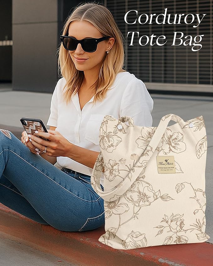 Miss Adola Corduroy Tote Bag for Women - Reusable Totes with Magnetic Buckle & Pocket Aesthetic Design Work Grocery Bags